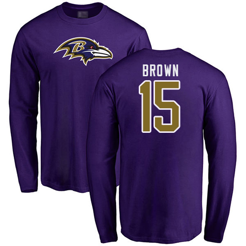 Men Baltimore Ravens Purple Marquise Brown Name and Number Logo NFL Football #15 Long Sleeve T Shirt